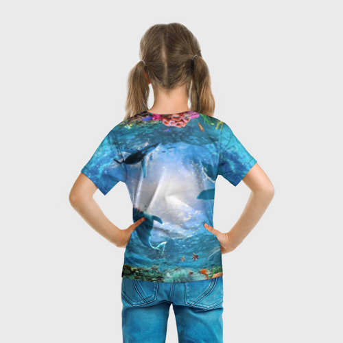 Детская футболка 3D с принтом Дельфины, вид сзади #2