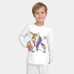 Пижама с принтом Единорог делающий деб для ребенка, вид на модели спереди №2. Цвет основы: белый