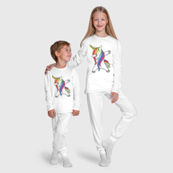 Пижама с принтом Единорог делающий деб для ребенка, вид на модели спереди №5. Цвет основы: белый