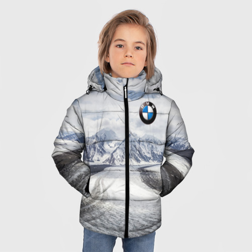Зимняя куртка для мальчиков 3D с принтом BMW - снежная вершина, фото на моделе #1