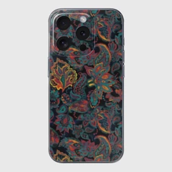 Чехол для iPhone 15 Pro силиконовый с защитой камеры Узор пейсли на черном