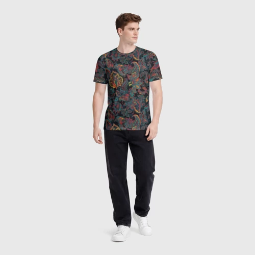 Мужская футболка 3D с принтом Узор пейсли на черном, вид сбоку #3