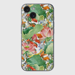 Чехол для iPhone 15 силиконовый с защитой камеры Карпы кои в зелени