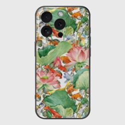 Чехол для iPhone 16 Pro силиконовый с защитой камеры Карпы кои в зелени