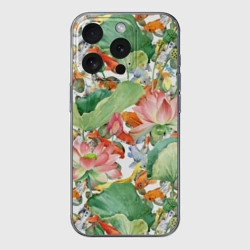 Чехол для iPhone 15 Pro силиконовый с защитой камеры Карпы кои в зелени