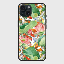 Чехол силиконовый для Apple iPhone 15 матовый Карпы кои в зелени