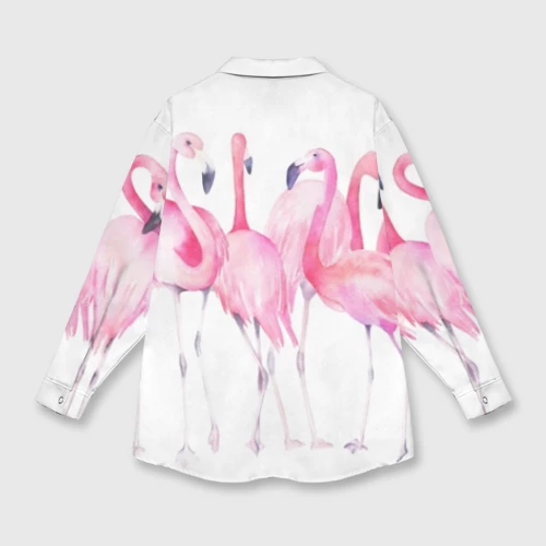 Женская рубашка oversize 3D с принтом Фламинго розовый на белом, вид сзади #1