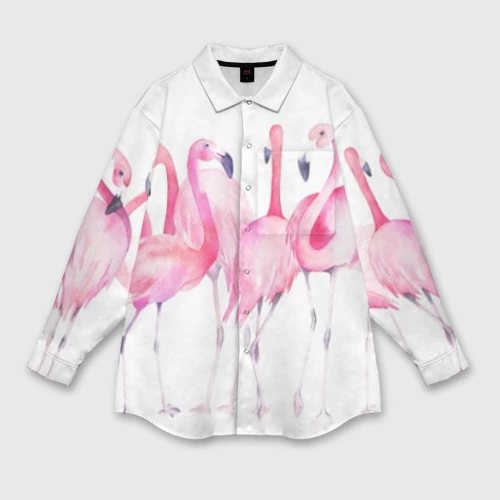 Женская рубашка oversize 3D с принтом Фламинго розовый на белом, вид спереди #2