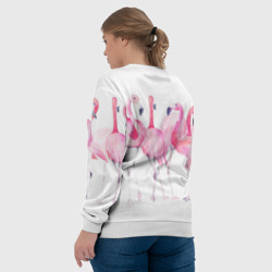 Свитшот с принтом Фламинго розовый на белом для женщины, вид на модели сзади №3. Цвет основы: белый