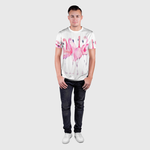 Мужская футболка 3D Slim Фламинго розовый на белом, цвет 3D печать - фото 4
