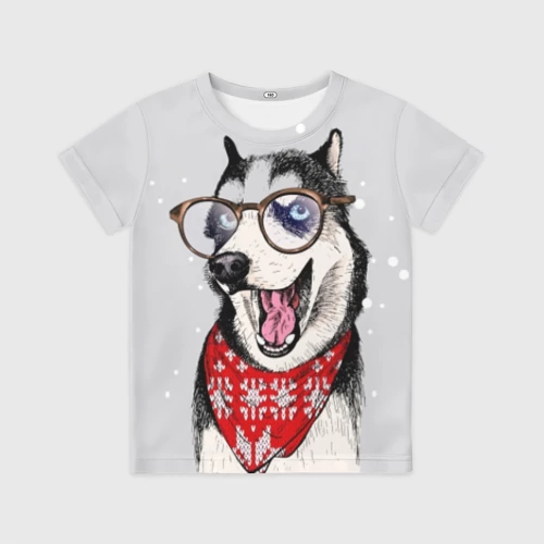 Детская футболка 3D с принтом Хаски сибирская - ученый пёс, вид спереди #2