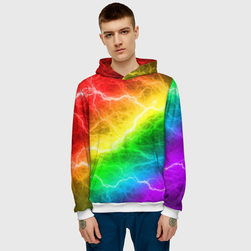Мужская толстовка 3D Rainbow thunder радужные молнии, цвет белый - фото 3