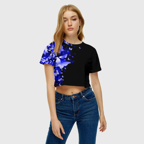 Женская футболка Crop-top 3D Синие бабочки, цвет 3D печать - фото 3