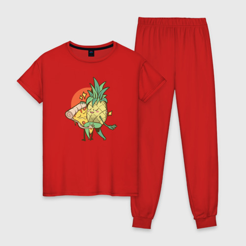 Женская пижама хлопок Пицца и Ананас, цвет красный