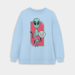 Женский свитшот oversize без начеса хлопок Пришелец с Котом