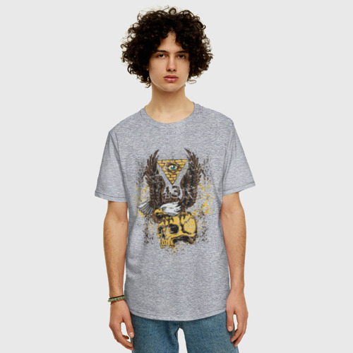 Мужская футболка хлопок Oversize Орел на черепе, цвет меланж - фото 3