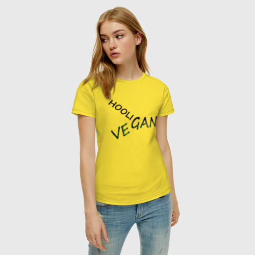 Женская футболка хлопок Vegan hooligan, цвет желтый - фото 3