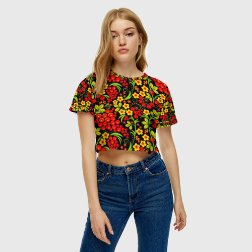 Женская футболка Crop-top 3D Хохлома, цвет 3D печать - фото 4