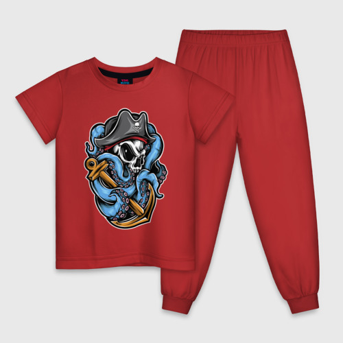 Детская пижама хлопок Череп с Осьминогом, цвет красный