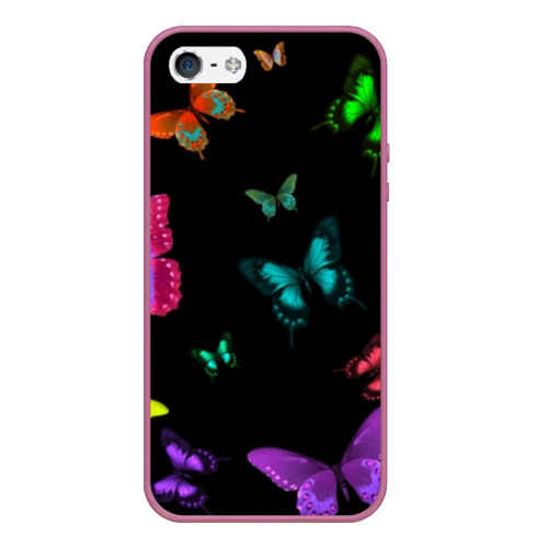 Чехол для iPhone 5/5S матовый Ночные Бабочки, цвет розовый