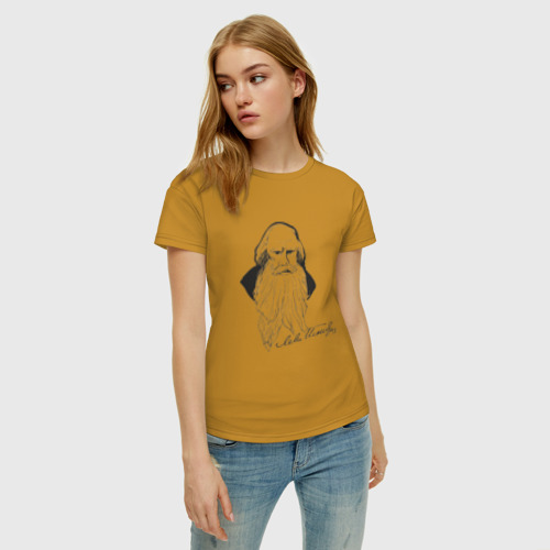 Женская футболка хлопок Лев Толстой, цвет горчичный - фото 3