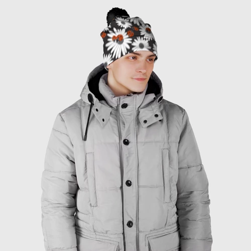 Шапка 3D c помпоном с принтом Божьи коровки на ромашках - картинка 2 Шапка 3D c помпоном Божьи коровки на ромашках - фото 2