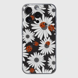 Чехол для iPhone 15 Pro Max силиконовый с защитой камеры Божьи коровки на ромашках