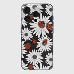 Чехол для iPhone 15 Pro силиконовый с защитой камеры Божьи коровки на ромашках