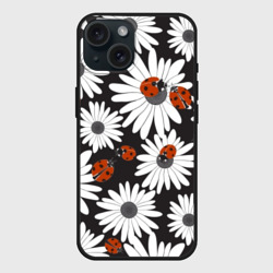 Чехол силиконовый для Apple iPhone 15 матовый Божьи коровки на ромашках