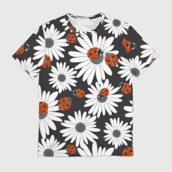 Мужская футболка 3D Божьи коровки на ромашках