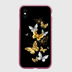 Чехол для iPhone XS Max матовый Золотые и белые бабочки