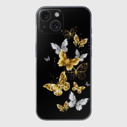 Чехол для iPhone 15 силиконовый с защитой камеры Золотые и белые бабочки
