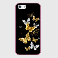 Чехол для iPhone 5/5S матовый Золотые и белые бабочки