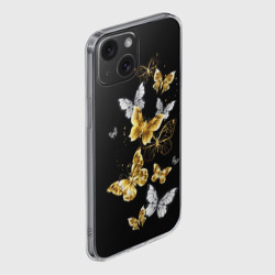Чехол для iPhone 15 силиконовый с защитой камеры Золотые и белые бабочки - фото 2