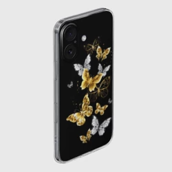 Чехол для iPhone 16 силиконовый с защитой камеры Золотые и белые бабочки - фото 2