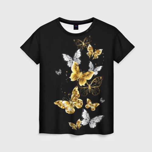 Женская футболка с принтом Золотые бабочки, вид спереди №1