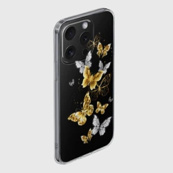 Чехол для iPhone 15 Pro Max силиконовый с защитой камеры Золотые и белые бабочки - фото 2
