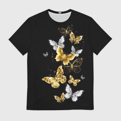 Мужская футболка 3D Золотые и белые бабочки