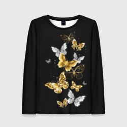 Женский лонгслив 3D Золотые и белые бабочки