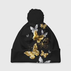 Шапка 3D c помпоном Золотые и белые бабочки