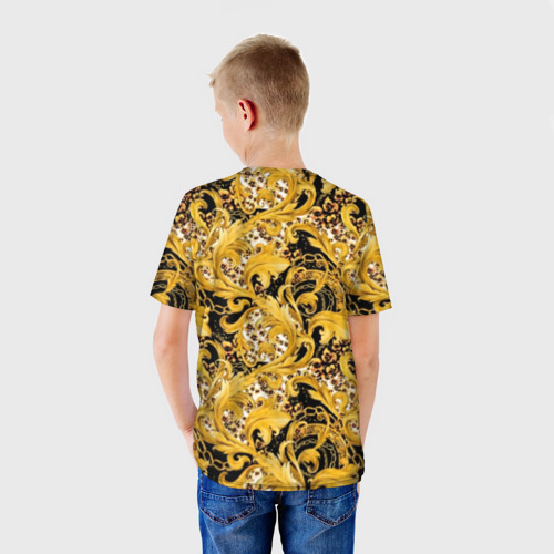 Детская футболка 3D с принтом Золотой лиственный узор, вид сзади #2