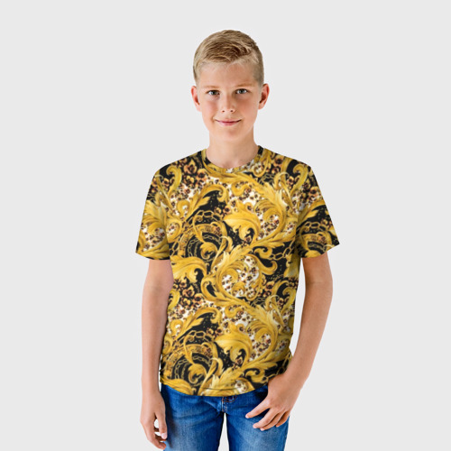 Детская футболка 3D с принтом Золотой лиственный узор, фото на моделе #1