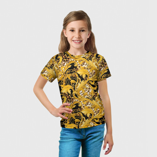 Детская футболка 3D с принтом Золотой лиственный узор, вид сбоку #3