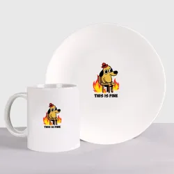 Набор: тарелка + кружка This Is Fine dog meme