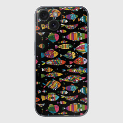 Чехол для iPhone 15 силиконовый с защитой камеры Разноцветные рыбы - черный фон