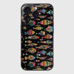 Чехол для iPhone 16 Pro силиконовый с защитой камеры Разноцветные рыбы - черный фон