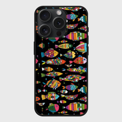 Чехол силиконовый для Apple iPhone 15 Pro Мax матовый Разноцветные рыбы - черный фон