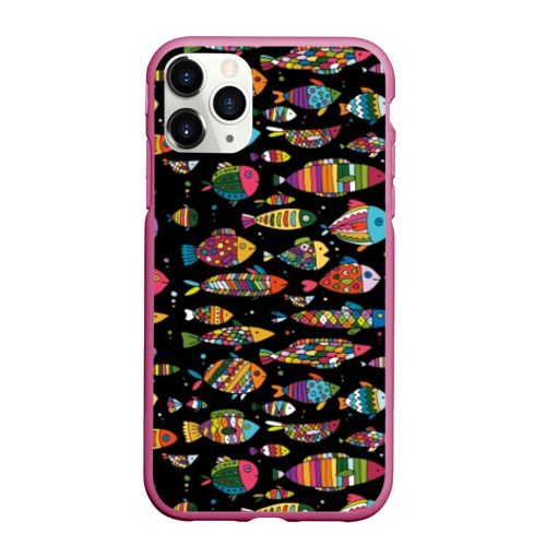 Чехол для iPhone 11 Pro Max матовый Разноцветные рыбы, цвет малиновый