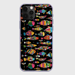 Чехол для iPhone 12 Pro Разноцветные рыбы - черный фон
