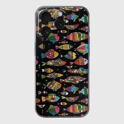 Чехол для iPhone 15 Pro силиконовый с защитой камеры Разноцветные рыбы - черный фон